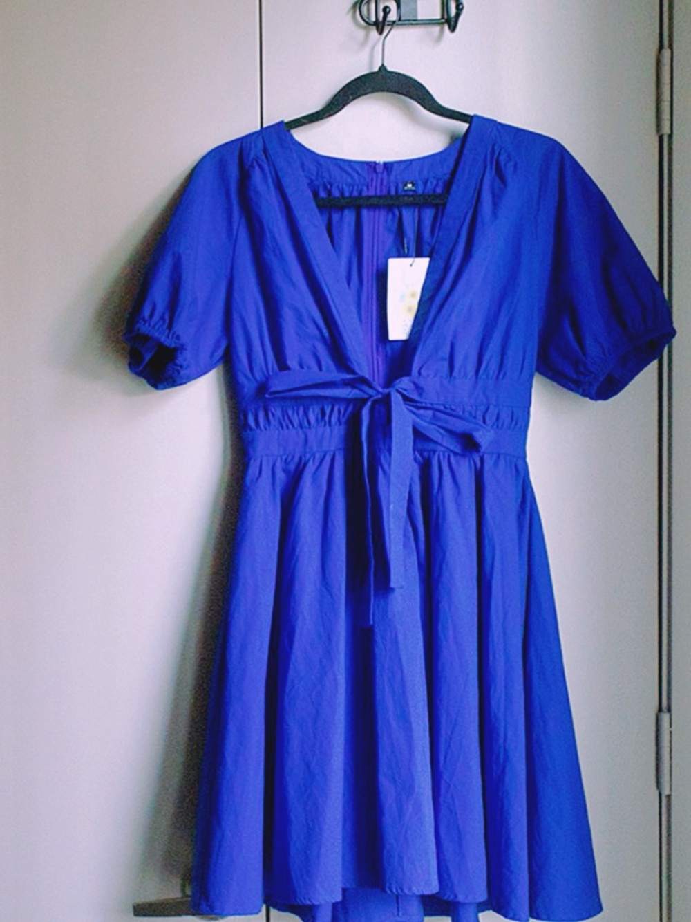 Women's Cute Summer Short Puff-Sleeve Royal Blue Mini Dress